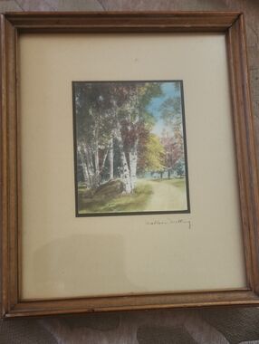 Wallace Nutting Signed, Framed Birch Tree Colorized Photo in Antique Wood Frame